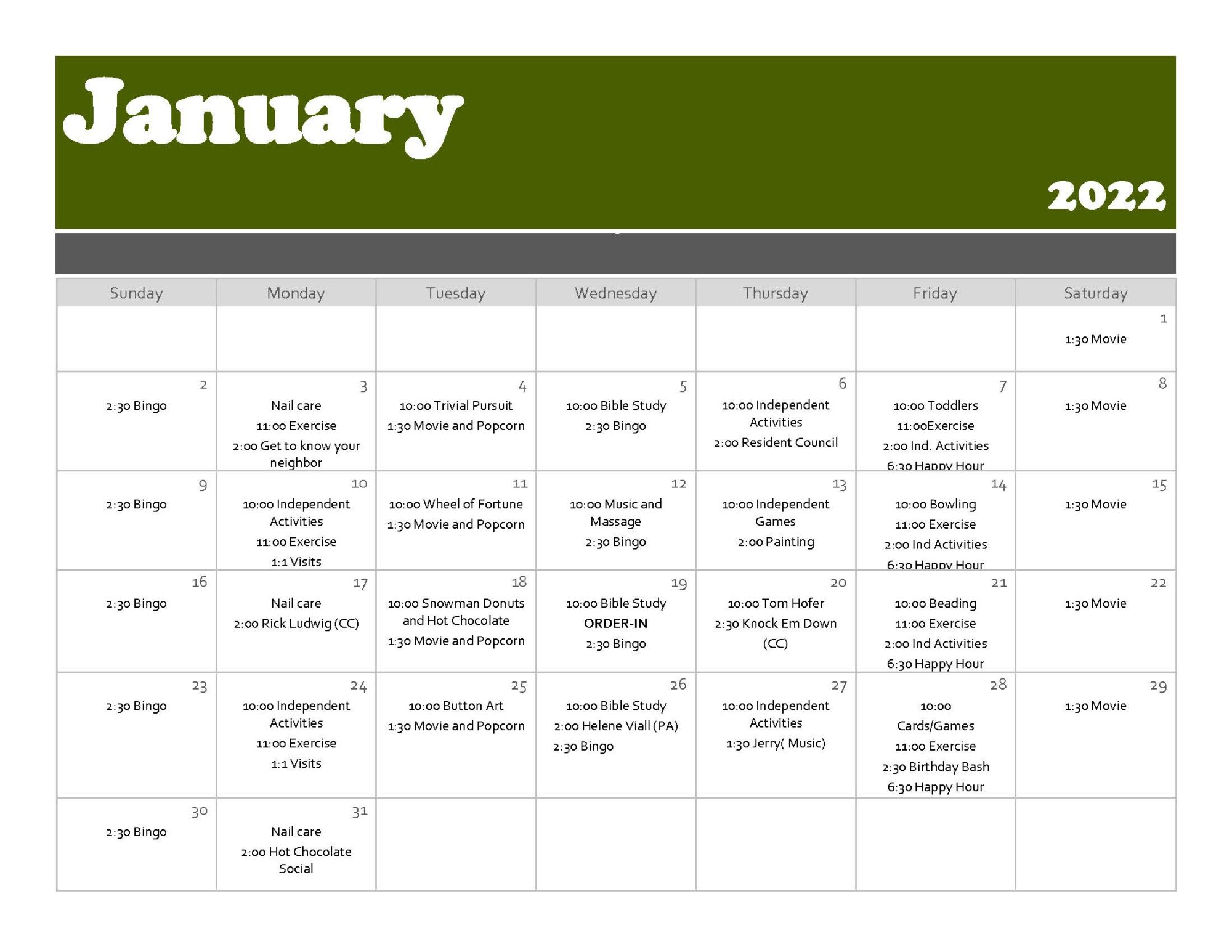 Pine Acres January 2022 AI Event Calendar