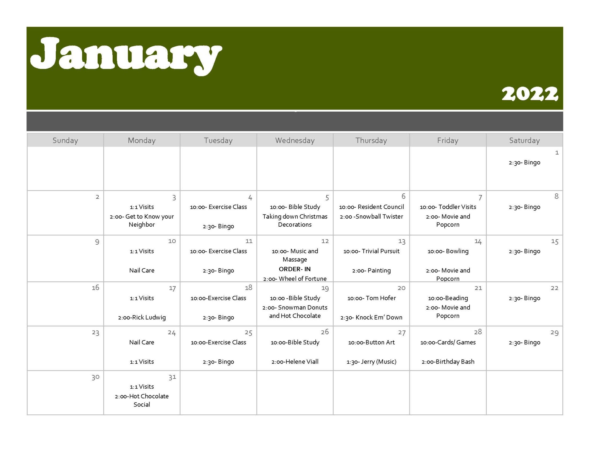 Pine Acres January 2022 CC Event Calendar
