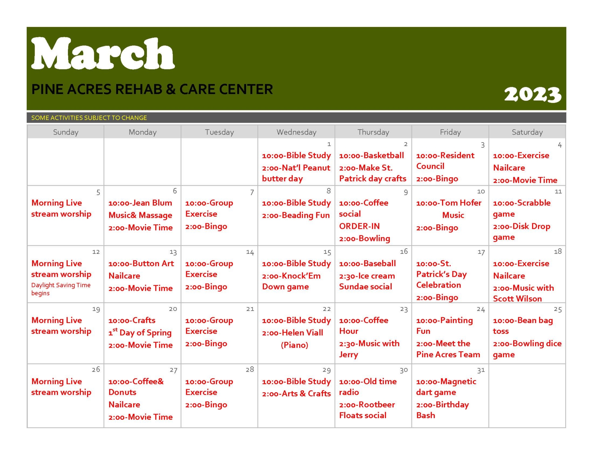 Pine Acres March 2023 Event Calendar