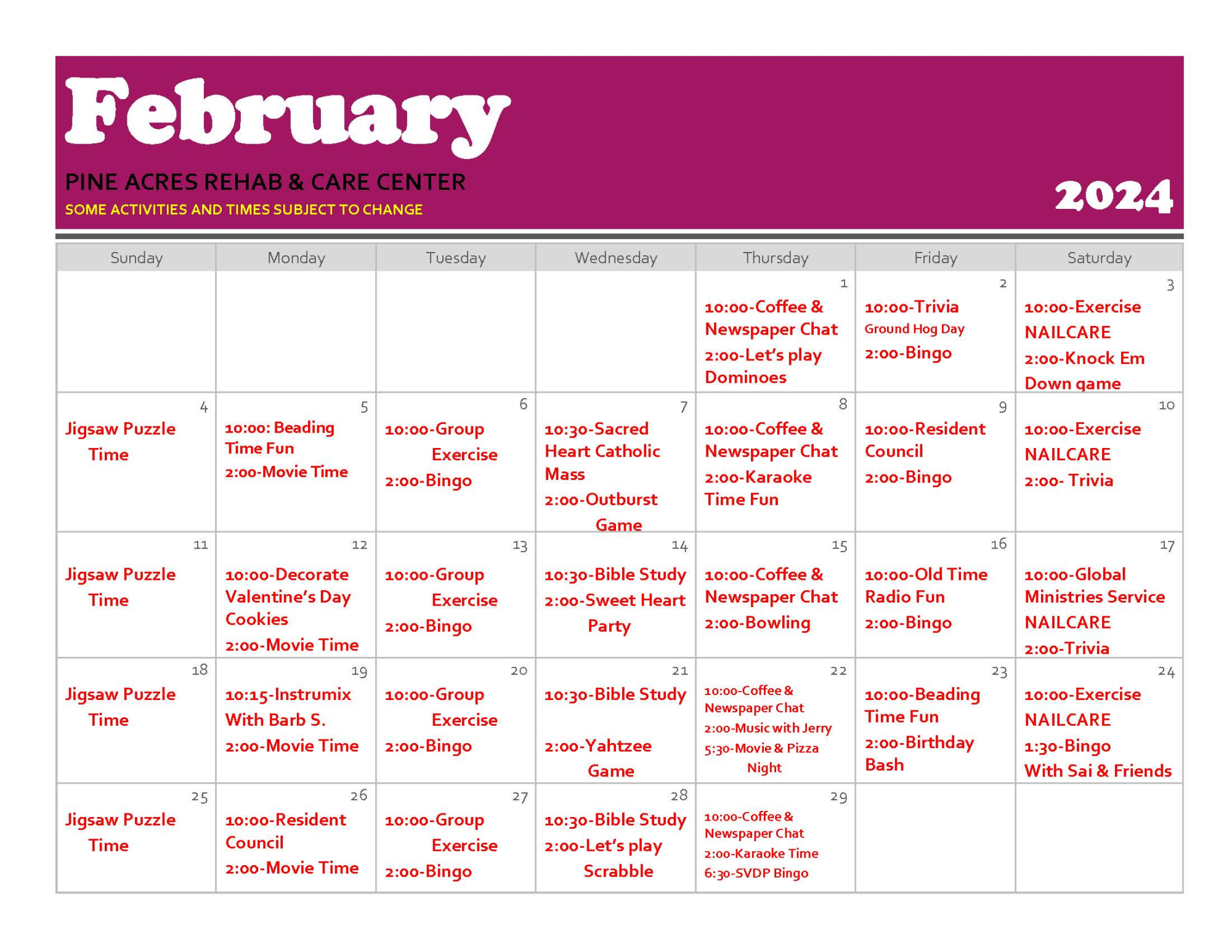 Pine Acres February 2024 Event Calendar